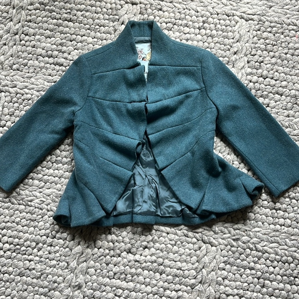 Tabitha Anthropologie Teal wool blend ruffle front blazer - Picture 2 of 10